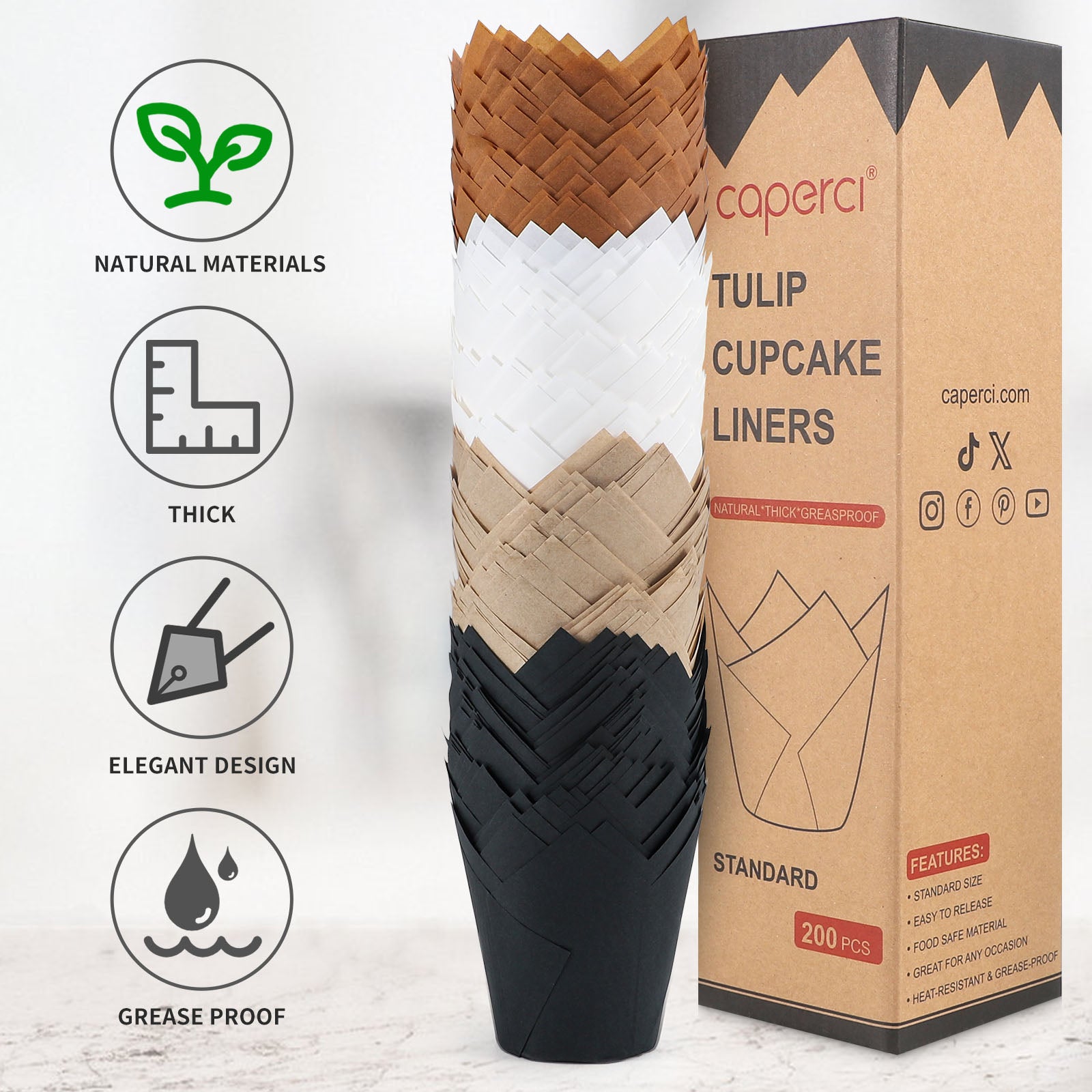Caperci Standard Tulip Cupcake Liners for Baking 200 Counts - Greaseproof Muffin Baking Cups for Wedding Birthday Party Baby Shower Festivals Christmas (Natural/White/Brown/Black)
