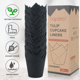 Caperci Standard Tulip Cupcake Liners for Baking 120 Counts - Greaseproof Muffin Baking Cups for Wedding Birthday Party Baby Shower Festivals Christmas (Black)