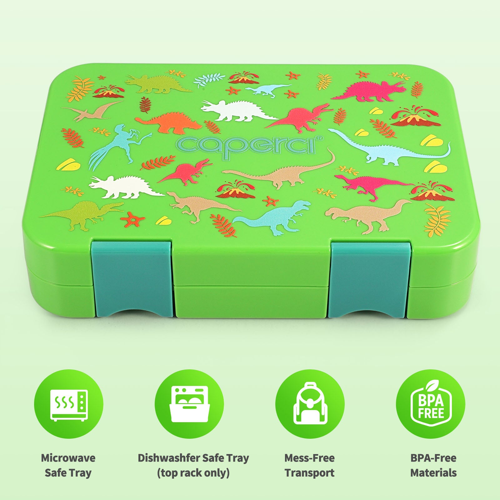 Dinosaur Bento Lunch Box for Boys Toddlers, 5 Portion Sections Secure Lid,  Microwave Safe BPA Free Removable Plastic Tray, Pre-School Kid Daycare