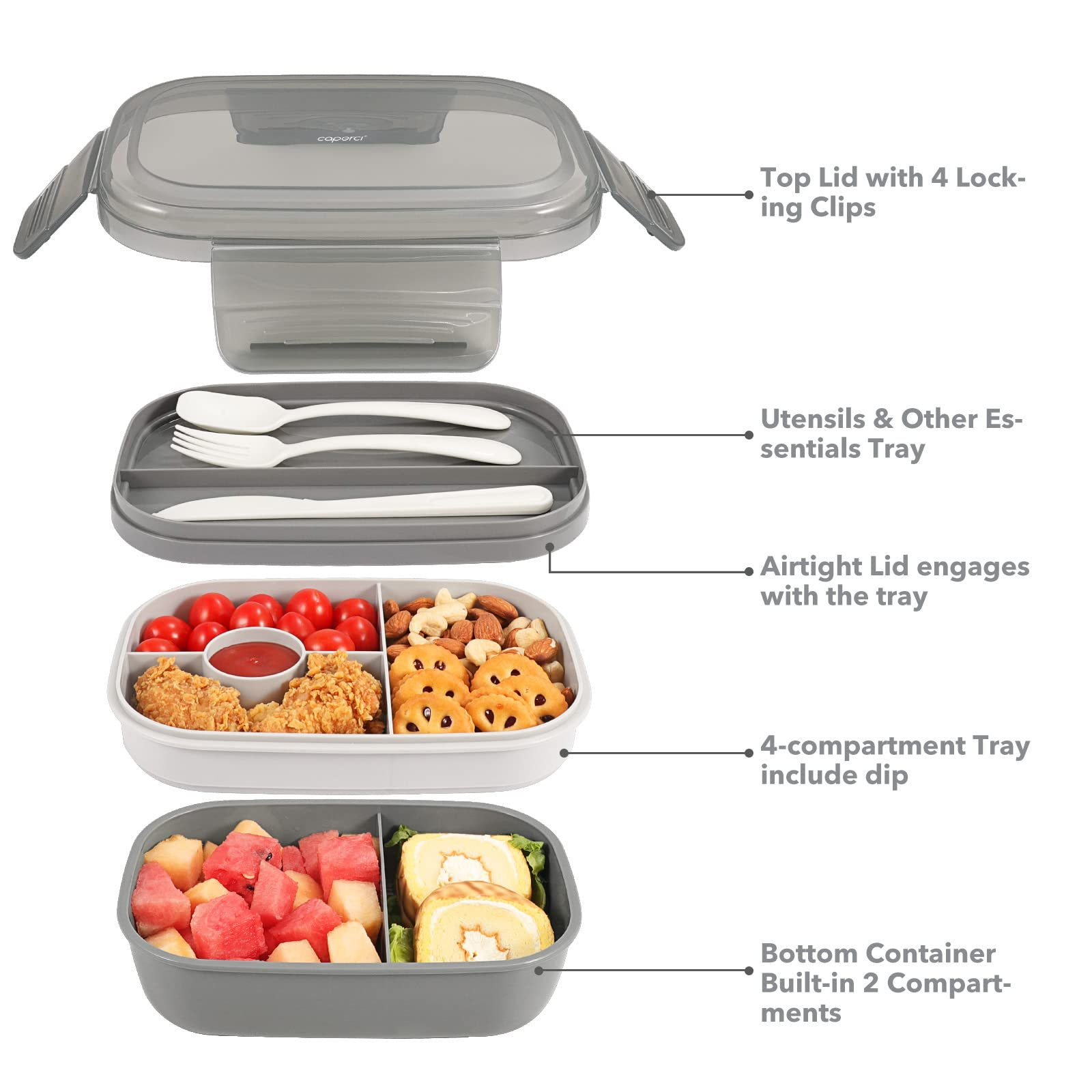 Caperci Stackable Bento Lunch Box for Kids - Large Size All-in-One Bento Box  Adu